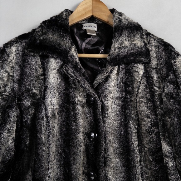 Chico's Jacket Sz 2 US Large Black Gray Striped Faux Fur Button Up Mob Wife - Picture 2 of 8